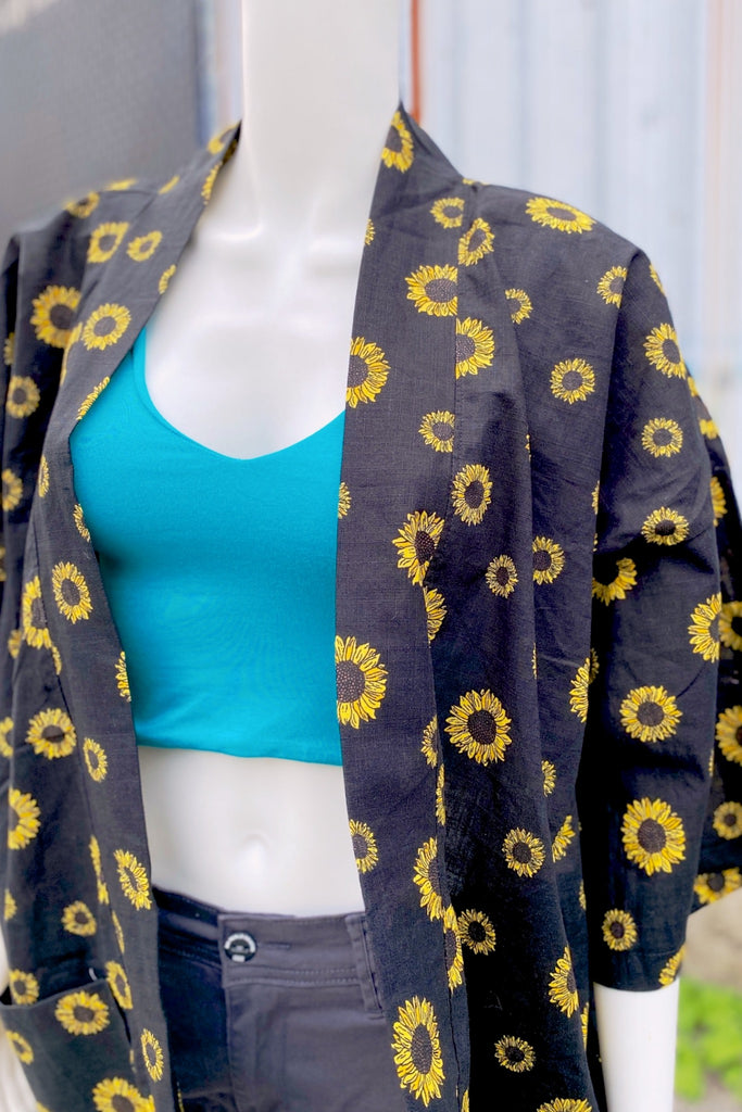 Modern Kimono Cardigan | Sunflower - 3/4 sleeves, Boho, cardigan, clothing, comfy, ethnic, fun, graphic pattern, jacket, Kimono, new, new clothing, PATTERN, soft, sunflowers - Wander Emporium