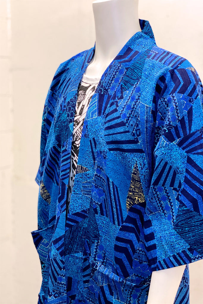 Modern Kimono Cardigan | Blue - 3/4 sleeves, Boho, cardigan, clothing, comfy, ethnic, fun, graphic pattern, ikat, jacket, Kimono, new, new clothing, PATTERN, red, soft, woven - Wander Emporium