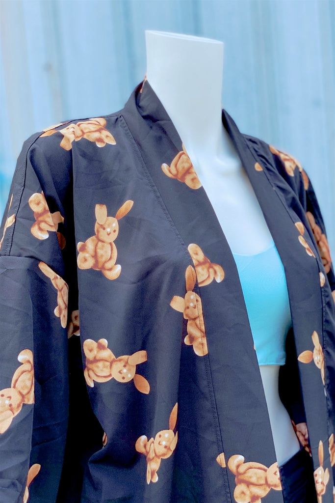 Modern Kimono Cardigan | Bunny - 3/4 sleeves, black, Boho, bunny, cardigan, clothing, comfy, ethnic, flowers, fun, graphic pattern, jacket, Kimono, new, new clothing, PATTERN, soft - Wander Emporium