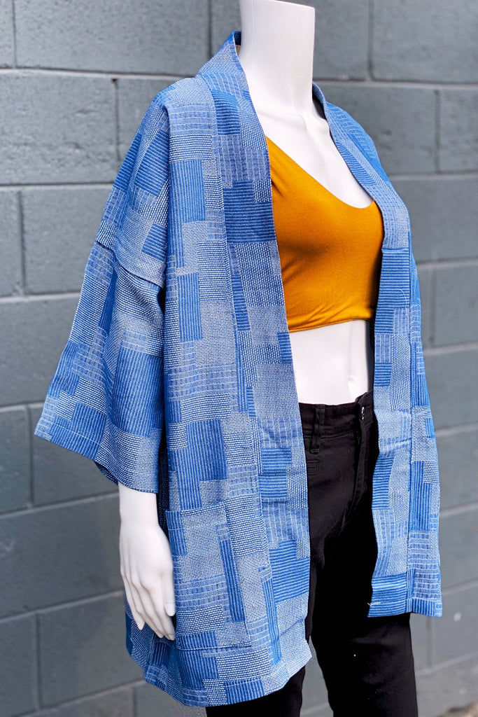 Modern Kimono Cardigan | Texture - 3/4 sleeves, black, blue, Boho, cardigan, clothing, comfy, ethnic, fun, graphic pattern, jacket, Jean, Kimono, new, new clothing, PATTERN, soft - Wander Emporium