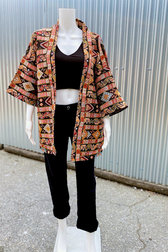 Modern Kimono Cardigan | Woven Pattern - 3/4 sleeves, Boho, cardigan, clothing, comfy, ethnic, fun, graphic pattern, jacket, Kimono, new, new clothing, PATTERN, soft, woven - Wander Emporium