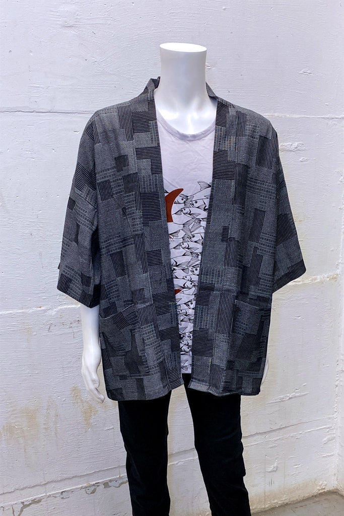 Modern Kimono Cardigan | Black Texture - 3/4 sleeves, Boho, cardigan, clothing, comfy, ethnic, fun, graphic pattern, jacket, Kimono, new, new clothing, PATTERN, soft, woven - Wander Emporium