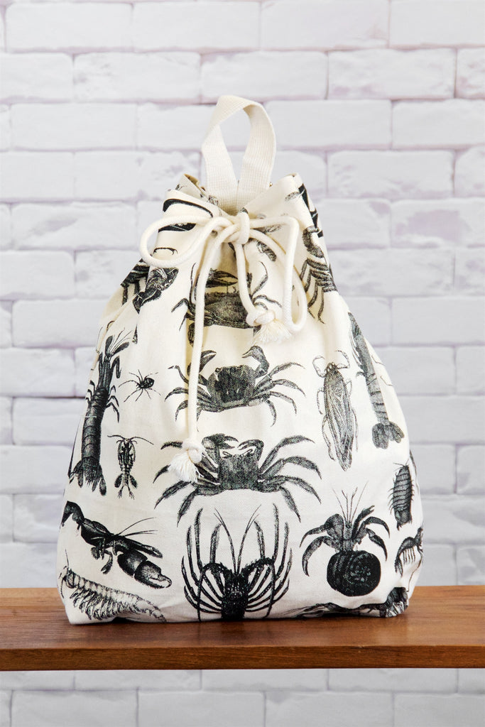 Backpack | Aragosta - backpack, black and white, book bag, canvas, crab, crabs, day bag, day pack, hand printed, lobster, pack, regular backpack, sea creatures, seashells - Wander Emporium