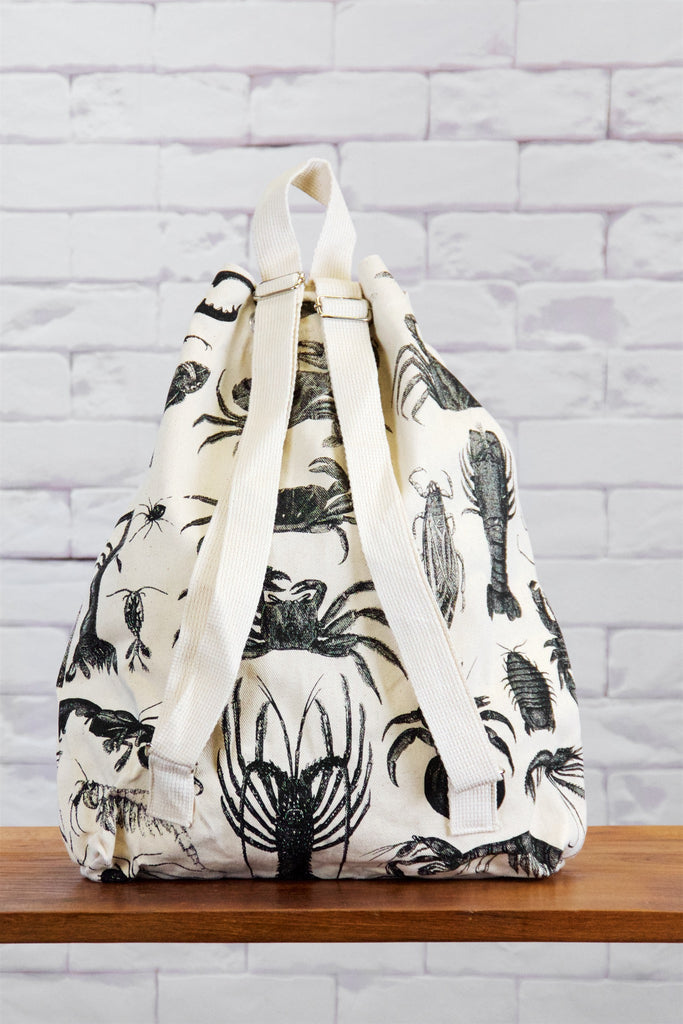 Backpack | Aragosta - backpack, black and white, book bag, canvas, crab, crabs, day bag, day pack, hand printed, lobster, pack, regular backpack, sea creatures, seashells - Wander Emporium