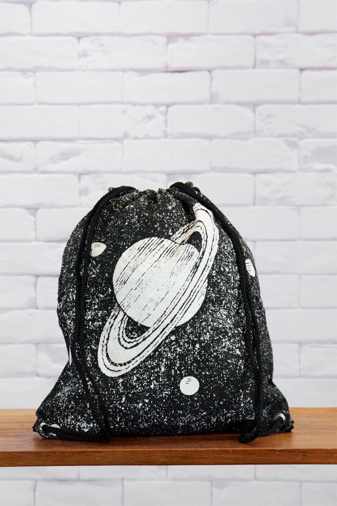 Drawstring Backpack | Saturn - backpack, black and white, book bag, canvas, drawing, drawstring, gymsack, hand printed, jupiter, outer space, PLANET, planets, space - Wander Emporium