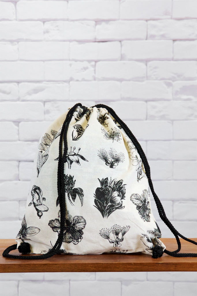 Drawstring Backpack | Wild Flowers - backpack, black and white, blooms, book bag, canvas, drawing, drawstring, flowers, flowersflower, gymsack, hand printed, wild, wild flowers - Wander Emporium