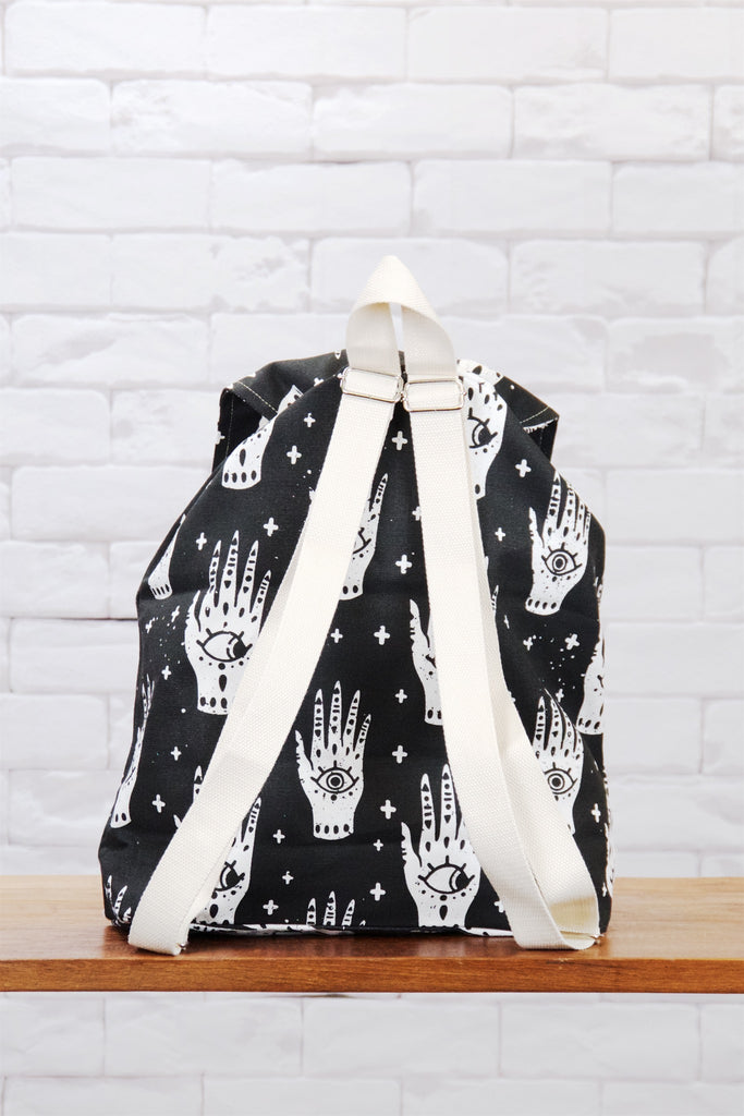 Fun Graphic Backpack | Pull-Tie - backpack, black, book bag, cool, day bag, day pack, everyday, graphic pattern, hand, icecream, PATTERN, regular backpack, third eye, unisex, wicca - Wander Emporium