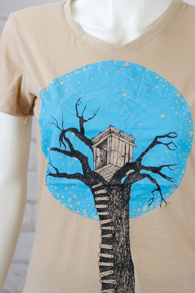 Fitted T-shirt - fitted, girl, girls, nature, night sky, top, tree house, tshirt, zebra, zebras - Wander Emporium