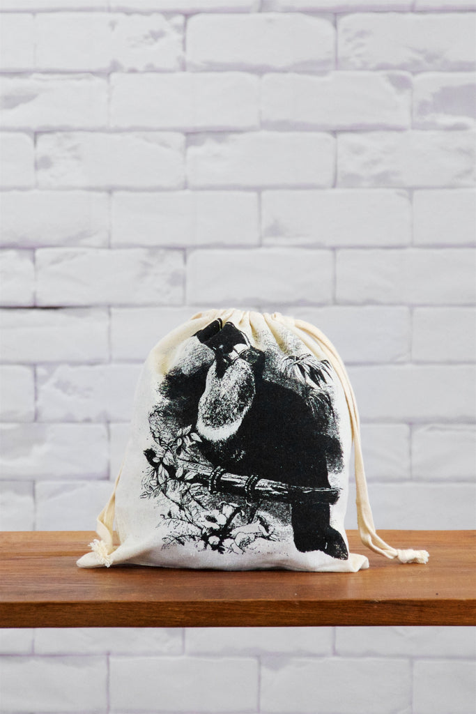 Small Drawstring Bag | Toucan - bag, black and white, canvas, day bag, drawing, drawstring, hand printed, lunch bag, small, toucan - Wander Emporium