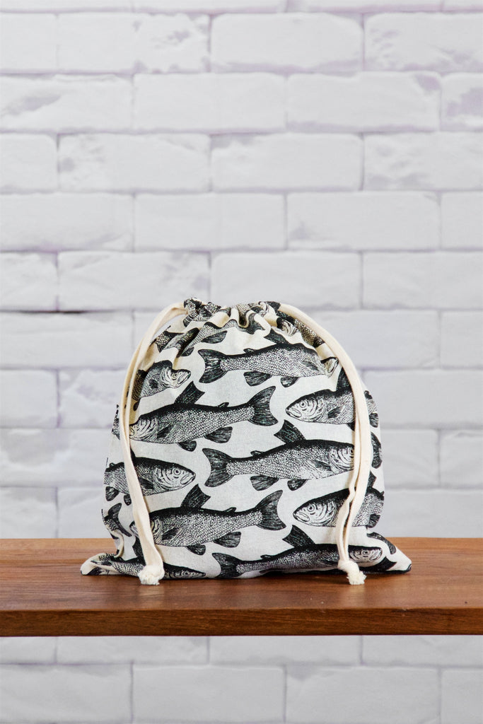 Small Drawstring Bag | Fish - bag, black and white, canvas, day bag, drawing, drawstring, fish, hand printed, lunch bag, school of fish, small - Wander Emporium