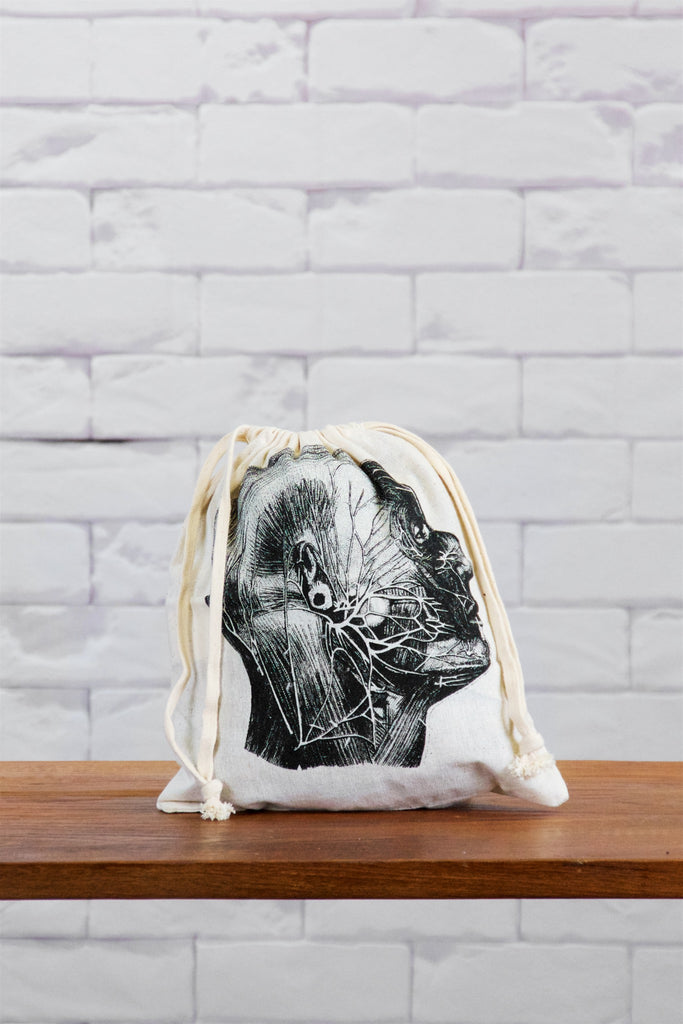 Small Drawstring Bag | Head - anatomy drawing, anatomy print, bag, black and white, canvas, day bag, drawing, drawstring, hand printed, head, lunch bag, small - Wander Emporium