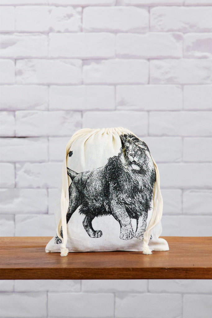 Small Drawstring Bag | Lion - bag, big cat, black and white, canvas, day bag, drawing, drawstring, hand printed, lion, lunch bag, nature, small - Wander Emporium