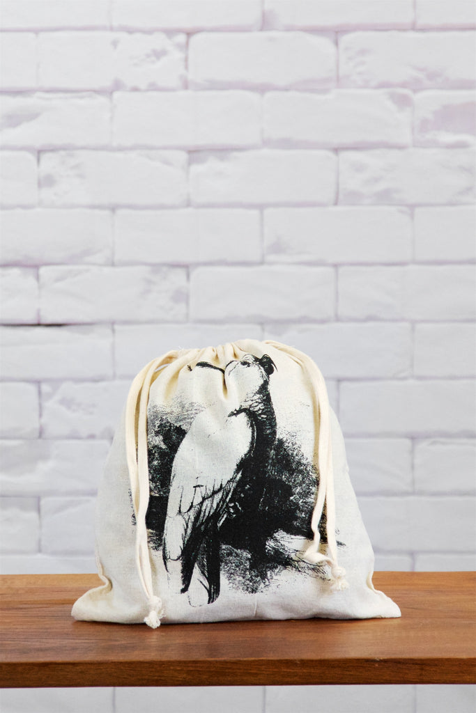 Small Drawstring Bag | Cockatoon - bag, bird, black and white, canvas, cockatoon, day bag, drawing, drawstring, hand printed, lunch bag, small - Wander Emporium