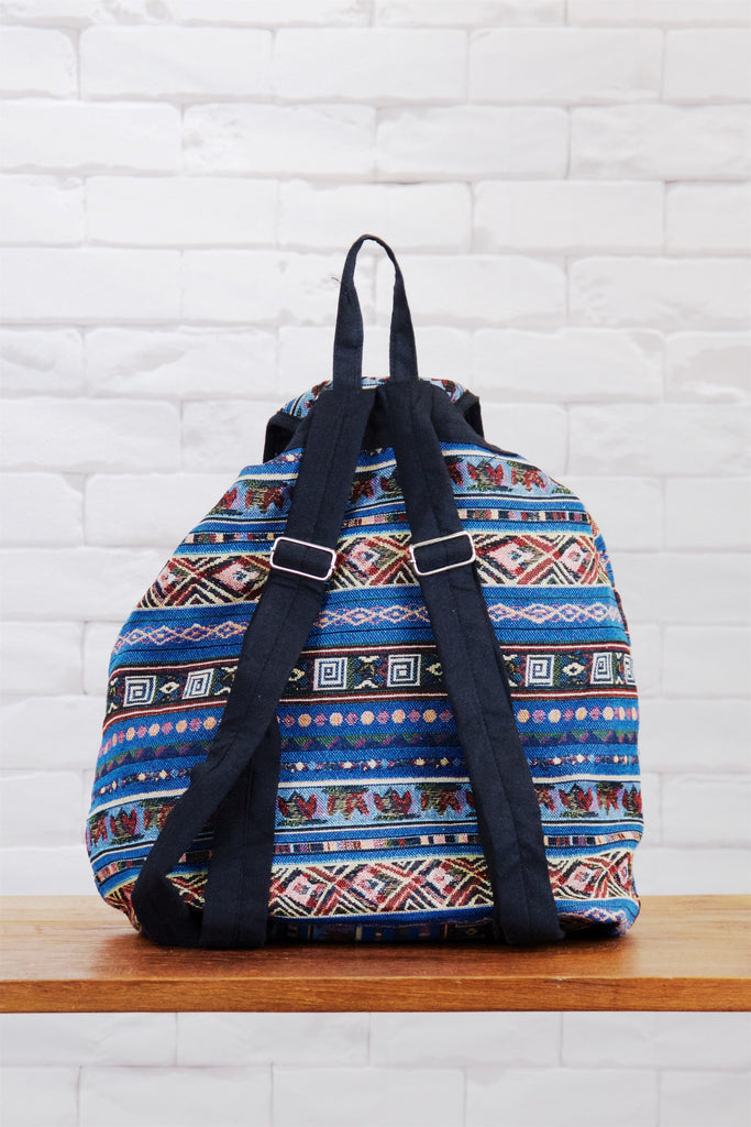 Woven Backpack | Snap Closure - backpack, blue, book bag, day bag, day pack, ethnic, everyday, multicolour, PATTERN, regular backpack, unisex, woven - Wander Emporium