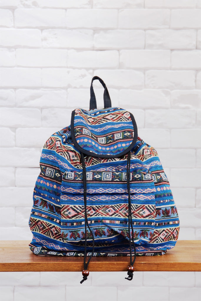 Woven Backpack | Snap Closure - backpack, blue, book bag, day bag, day pack, ethnic, everyday, multicolour, PATTERN, regular backpack, unisex, woven - Wander Emporium