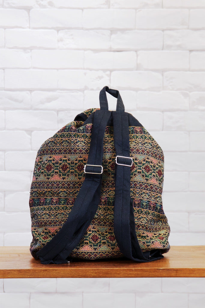 Woven Backpack | Snap Closure - backpack, blue, book bag, day bag, day pack, ethnic, everyday, orange, PATTERN, regular backpack, unisex, vintage, woven - Wander Emporium