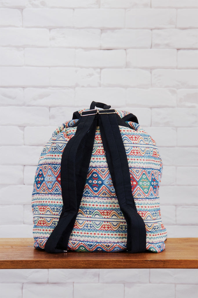 Woven Backpack | Snap Closure - backpack, blue, book bag, day bag, day pack, ethnic, everyday, multicolour, orange, PATTERN, regular backpack, unisex, vintage, white, woven - Wander Emporium