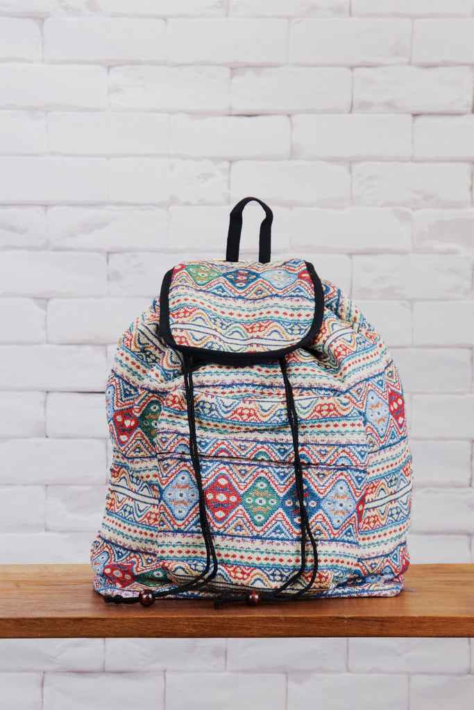 Woven Backpack | Snap Closure - backpack, blue, book bag, day bag, day pack, ethnic, everyday, multicolour, orange, PATTERN, regular backpack, unisex, vintage, white, woven - Wander Emporium