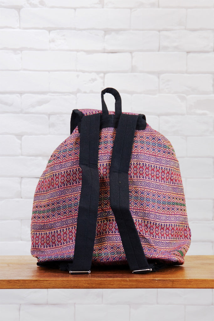 Woven Backpack | Snap Closure - backpack, blue, book bag, day bag, day pack, ethnic, everyday, multicolour, PATTERN, pink, regular backpack, unisex, vintage, woven - Wander Emporium