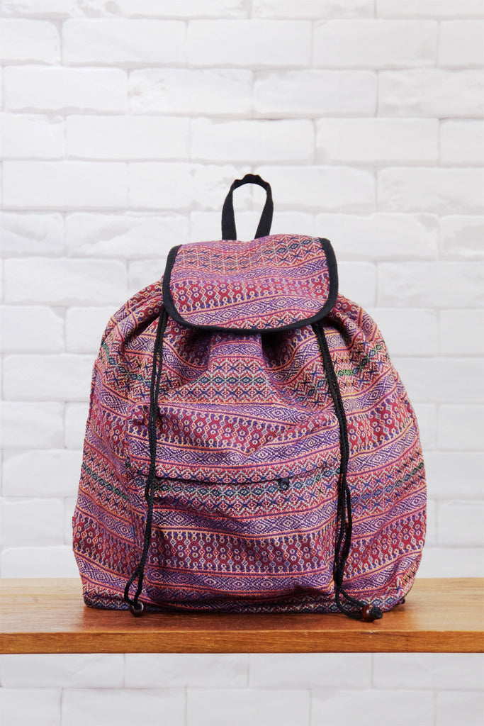 Woven Backpack | Snap Closure - backpack, blue, book bag, day bag, day pack, ethnic, everyday, multicolour, PATTERN, pink, regular backpack, unisex, vintage, woven - Wander Emporium