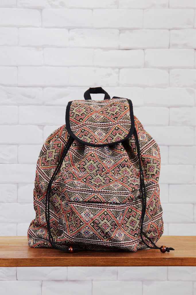 Woven Backpack | Snap Closure - backpack, book bag, day bag, day pack, ethnic, everyday, orange, PATTERN, regular backpack, unisex, vintage, woven - Wander Emporium