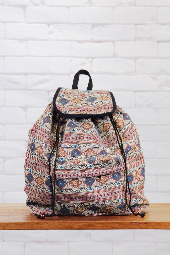 Woven Backpack | Snap Closure - backpack, beige, book bag, day bag, day pack, ethnic, everyday, orange, PATTERN, pink, regular backpack, unisex, vintage, woven, yellow - Wander Emporium