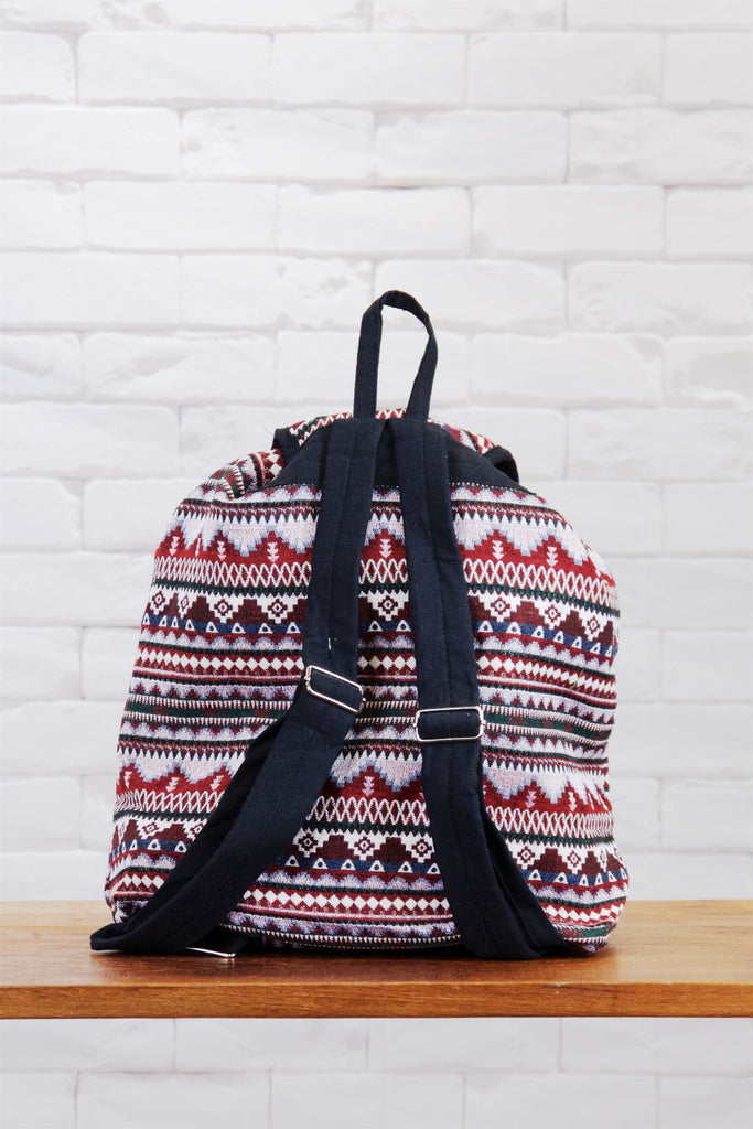 Woven Backpack | Snap Closure - backpack, beige, book bag, day bag, day pack, ethnic, everyday, orange, PATTERN, pink, red, regular backpack, unisex, vintage, white, woven - Wander Emporium