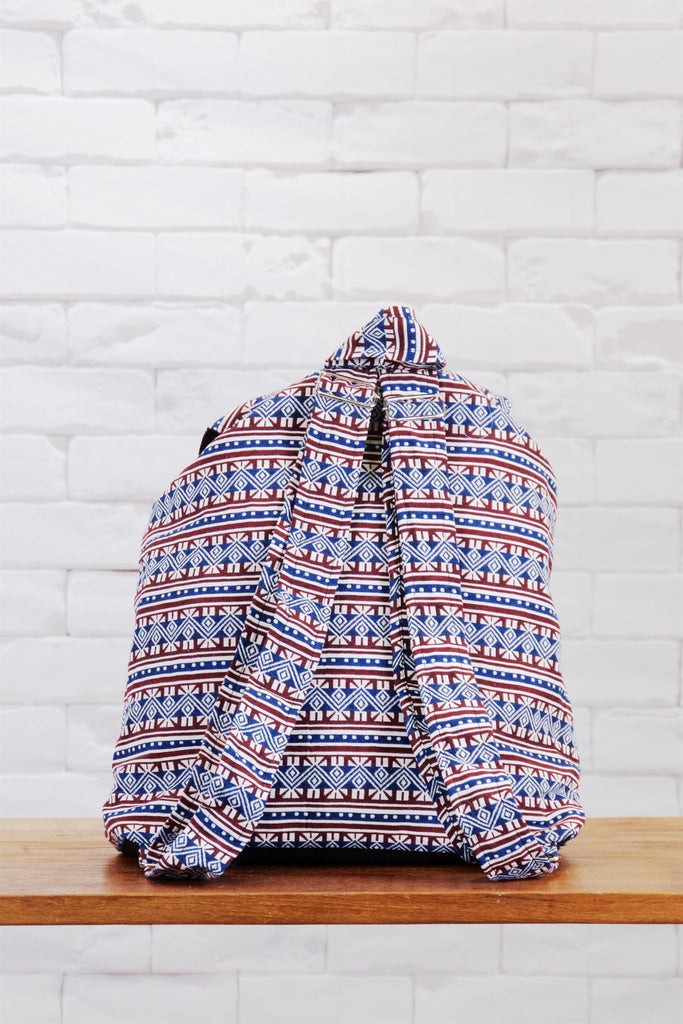 Woven Backpack | Velcro Closure - backpack, beige, black, blue, book bag, day bag, day pack, ethnic, everyday, orange, PATTERN, pink, red, regular backpack, turquoise, unisex, vintage, white, woven - Wander Emporium