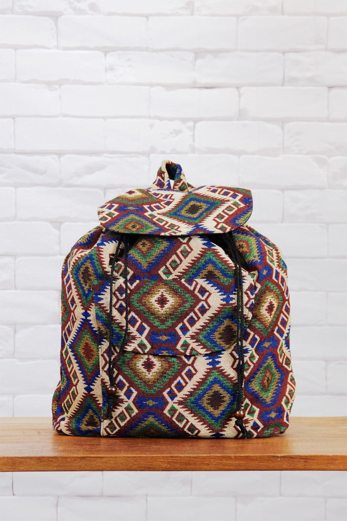 Woven Backpack | Velcro Closure - backpack, blue, book bag, day bag, day pack, ethnic, everyday, green, PATTERN, red, regular backpack, unisex, vintage, woven - Wander Emporium
