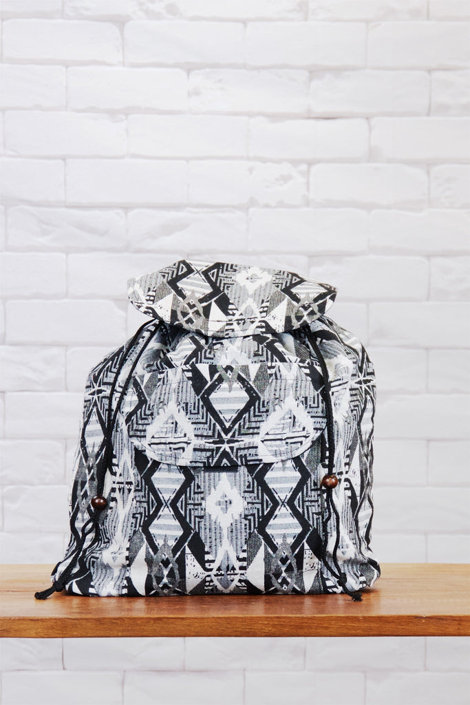 Woven Backpack | Velcro Closure - backpack, black and white, book bag, day bag, day pack, ethnic, everyday, PATTERN, regular backpack, unisex, vintage, woven - Wander Emporium