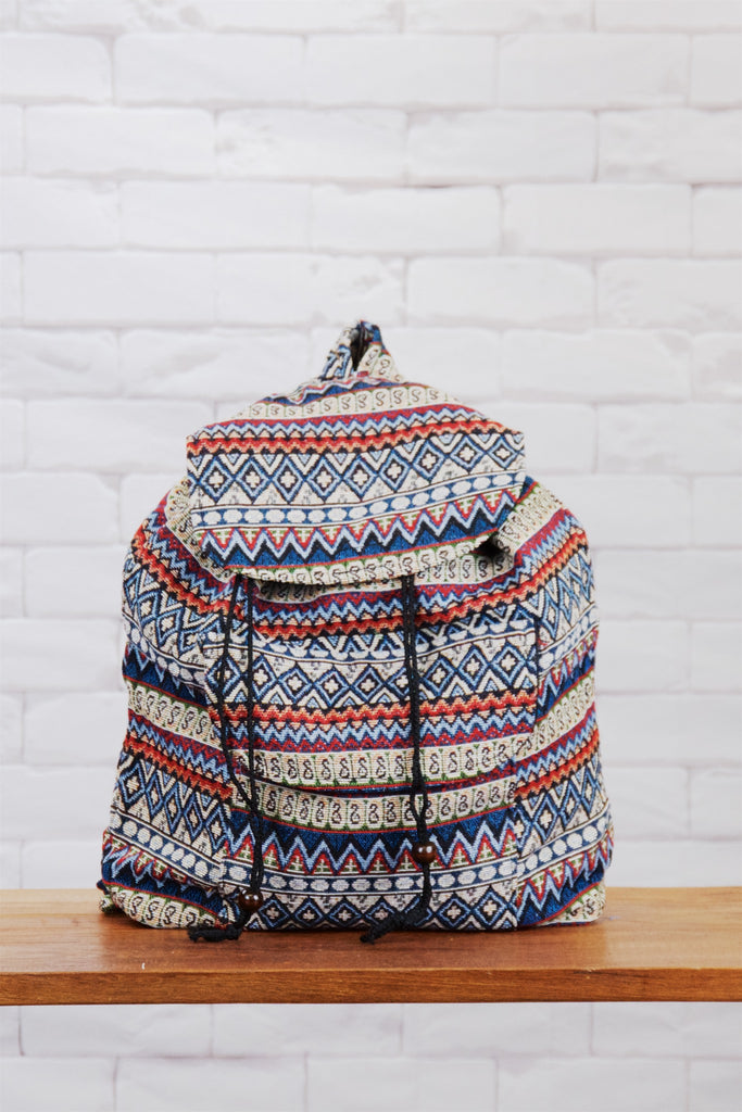Woven Backpack | Velcro Closure - backpack, black and white, blue, book bag, day bag, day pack, ethnic, everyday, orange, PATTERN, regular backpack, unisex, vintage, woven - Wander Emporium