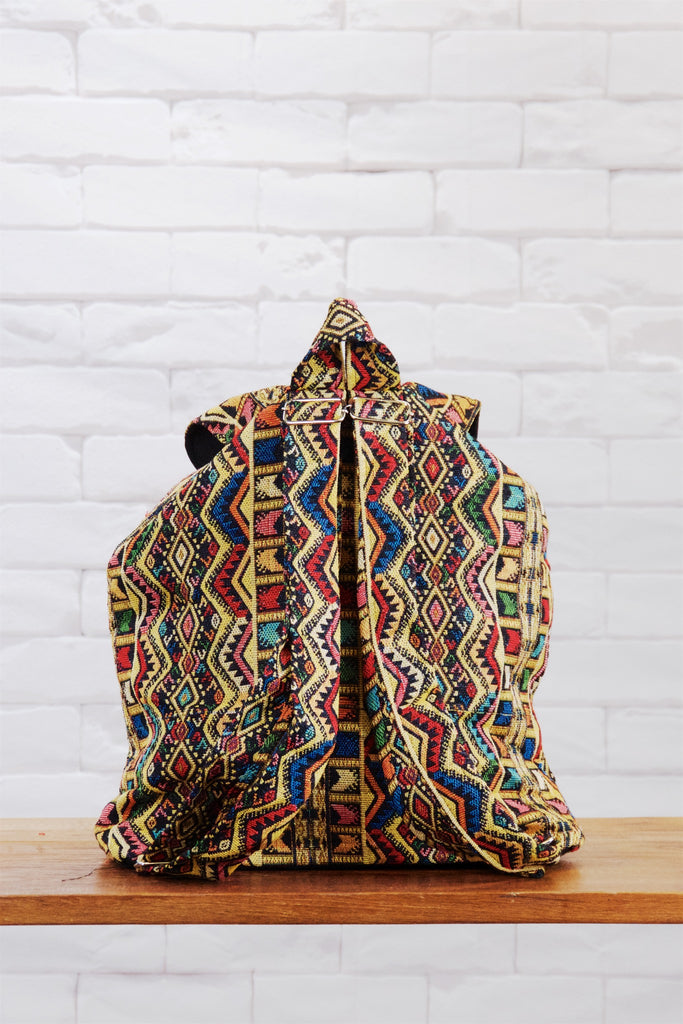 Woven Backpack | Velcro Closure - backpack, black and white, book bag, day bag, day pack, ethnic, everyday, multicolour, orange, PATTERN, pink, regular backpack, unisex, vintage, woven, yellow - Wander Emporium