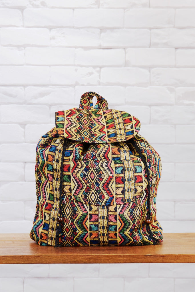 Woven Backpack | Velcro Closure - backpack, black and white, book bag, day bag, day pack, ethnic, everyday, multicolour, orange, PATTERN, pink, regular backpack, unisex, vintage, woven, yellow - Wander Emporium