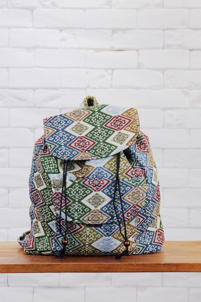 Woven Backpack | Velcro Closure - backpack, black and white, blue, book bag, day bag, day pack, ethnic, everyday, green, multicolour, PATTERN, regular backpack, unisex, vintage, woven, yellow - Wander Emporium