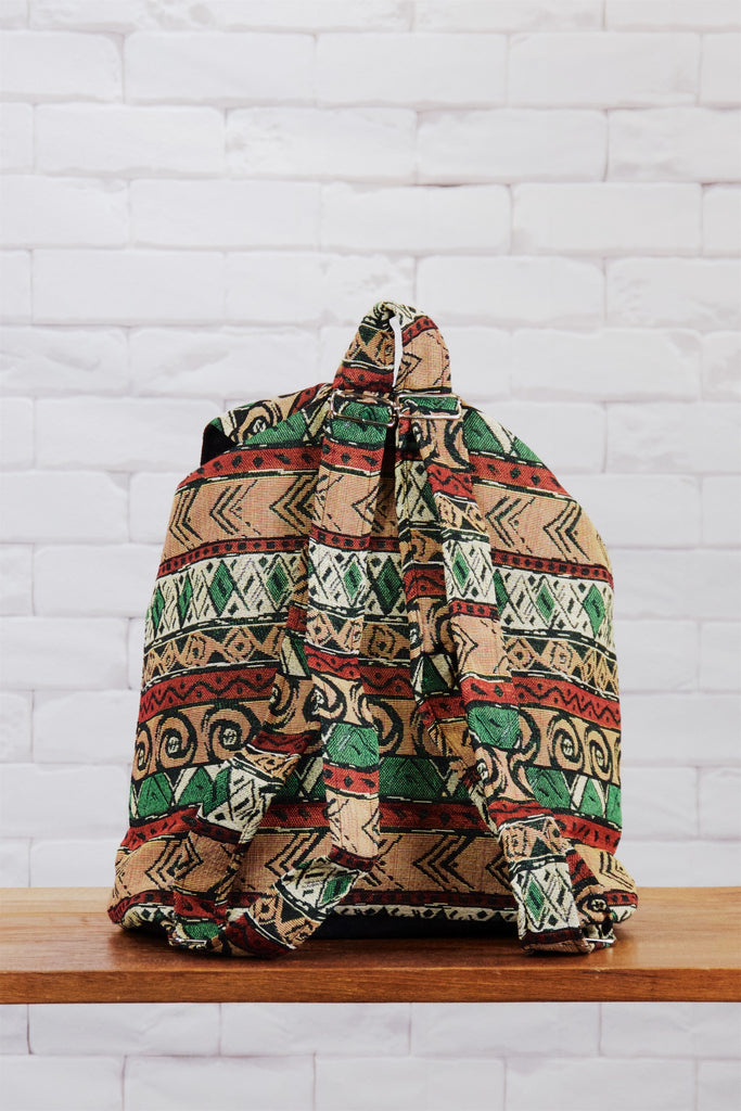 Woven Backpack | Velcro Closure - backpack, beige, black and white, book bag, day bag, day pack, ethnic, everyday, green, PATTERN, red, regular backpack, unisex, vintage, woven - Wander Emporium