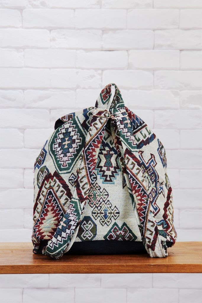 Woven Backpack | Velcro Closure - backpack, beige, black and white, blue, book bag, day bag, day pack, ethnic, everyday, green, PATTERN, red, regular backpack, unisex, vintage, woven - Wander Emporium