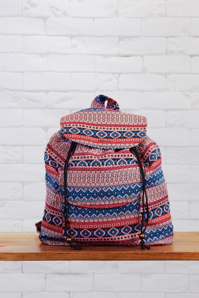 Woven Backpack | Velcro Closure - backpack, blue, book bag, day bag, day pack, ethnic, everyday, PATTERN, pink, regular backpack, unisex, vintage, woven - Wander Emporium