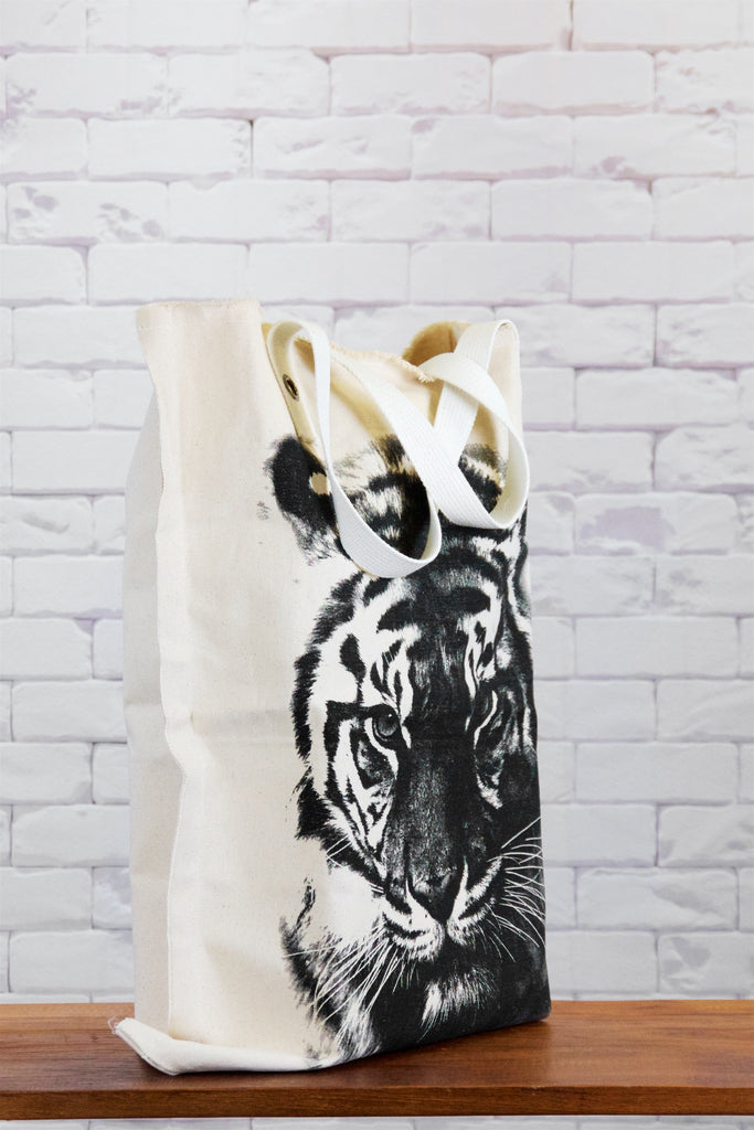 XL Tote Bag | Tiger - bag, beach bag, big cat, black and white, canvas, canvas tote, drawing, hand printed, Large, laundry bag, nature, predator, Shopper, tiger, Tote, tote bag, travel, XL tote - Wander Emporium