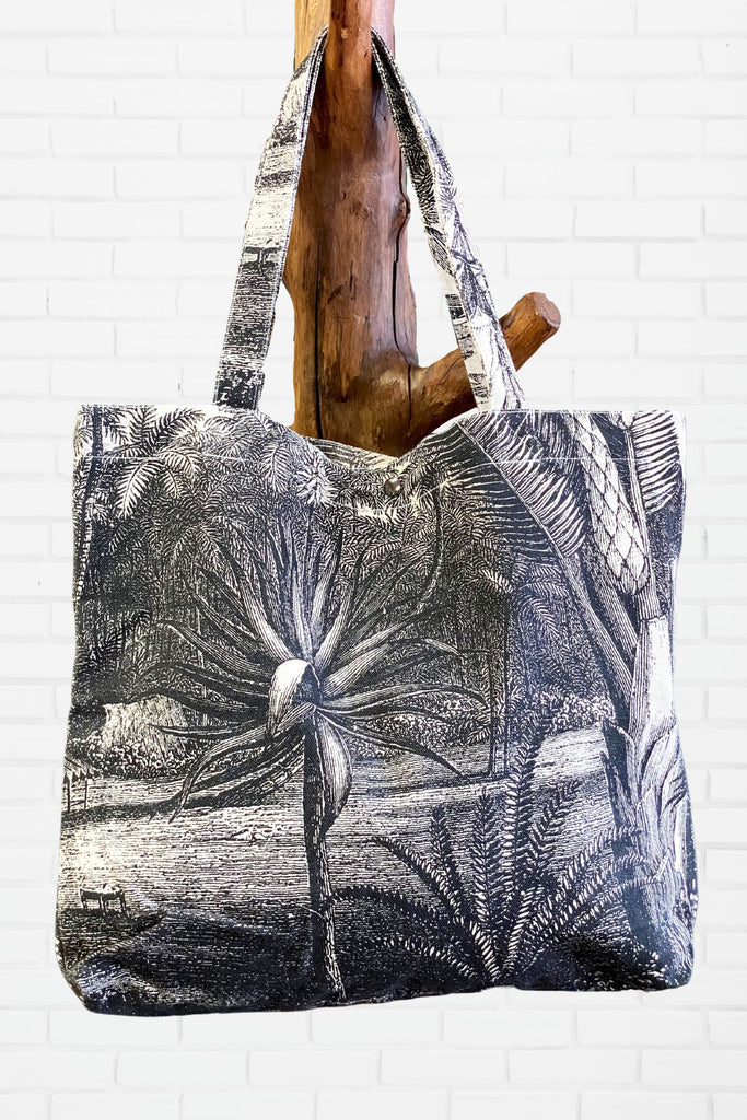 Shopper Bag |  Wild Tropics - bag, beach bag, black and white, drawing, hand printed, nature, Shopper, snap button, Tote, tote bag, travel, Tropical, wild, wild tropics - Wander Emporium