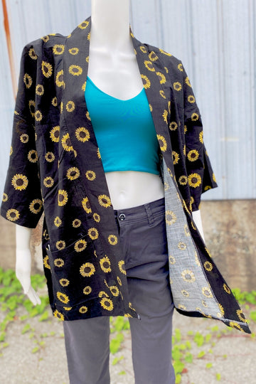Modern Kimono Cardigan | Sunflower - 3/4 sleeves, Boho, cardigan, clothing, comfy, ethnic, fun, graphic pattern, jacket, Kimono, new, new clothing, PATTERN, soft, sunflowers - Wander Emporium