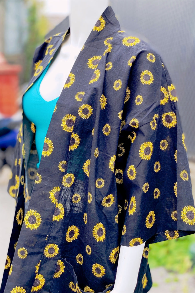 Modern Kimono Cardigan | Sunflower - 3/4 sleeves, Boho, cardigan, clothing, comfy, ethnic, fun, graphic pattern, jacket, Kimono, new, new clothing, PATTERN, soft, sunflowers - Wander Emporium