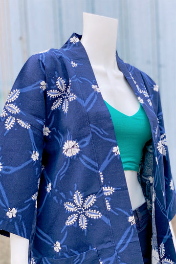 Modern Kimono Cardigan | Blue - 3/4 sleeves, Boho, cardigan, clothing, comfy, ethnic, flowers, fun, graphic pattern, jacket, Kimono, new, new clothing, PATTERN, soft - Wander Emporium