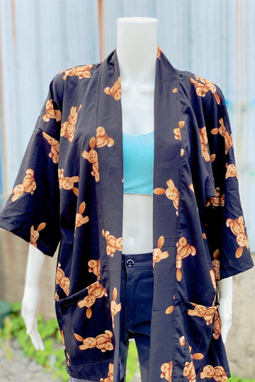 Modern Kimono Cardigan | Bunny - 3/4 sleeves, black, Boho, bunny, cardigan, clothing, comfy, ethnic, flowers, fun, graphic pattern, jacket, Kimono, new, new clothing, PATTERN, soft - Wander Emporium