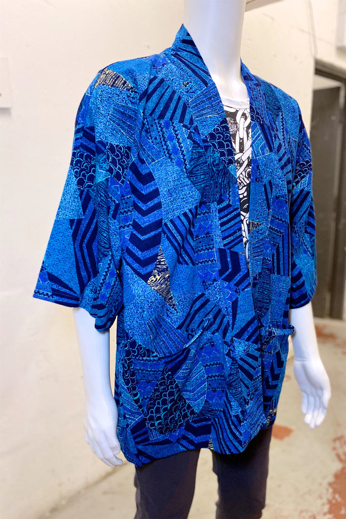 Modern Kimono Cardigan | Blue - 3/4 sleeves, Boho, cardigan, clothing, comfy, ethnic, fun, graphic pattern, ikat, jacket, Kimono, new, new clothing, PATTERN, red, soft, woven - Wander Emporium
