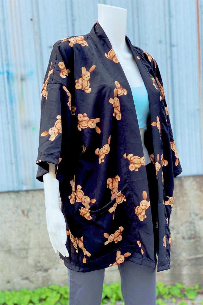 Modern Kimono Cardigan | Bunny - 3/4 sleeves, black, Boho, bunny, cardigan, clothing, comfy, ethnic, flowers, fun, graphic pattern, jacket, Kimono, new, new clothing, PATTERN, soft - Wander Emporium