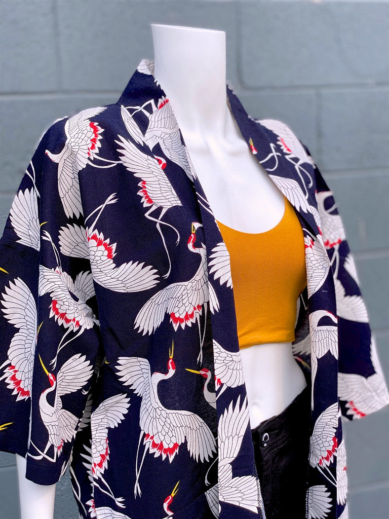 Modern Kimono Cardigan | Cranes - 3/4 sleeves, black, Boho, cardigan, clothing, comfy, cranes, ethnic, fun, graphic pattern, jacket, Kimono, new, new clothing, PATTERN, soft - Wander Emporium