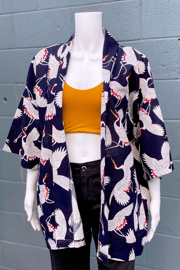 Modern Kimono Cardigan | Cranes - 3/4 sleeves, black, Boho, cardigan, clothing, comfy, cranes, ethnic, fun, graphic pattern, jacket, Kimono, new, new clothing, PATTERN, soft - Wander Emporium