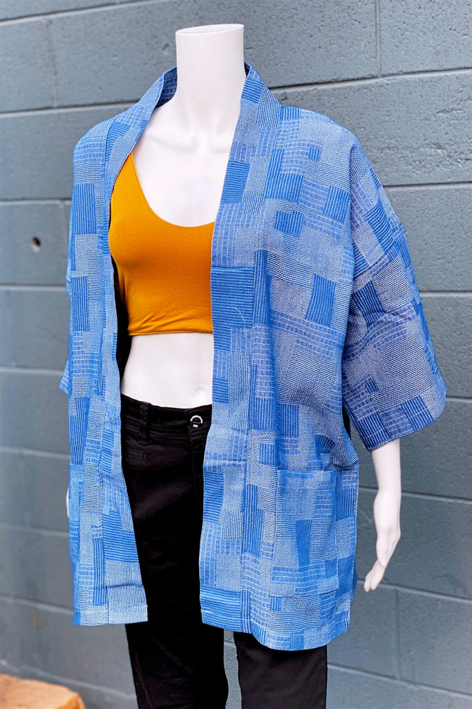 Modern Kimono Cardigan | Texture - 3/4 sleeves, black, blue, Boho, cardigan, clothing, comfy, ethnic, fun, graphic pattern, jacket, Jean, Kimono, new, new clothing, PATTERN, soft - Wander Emporium