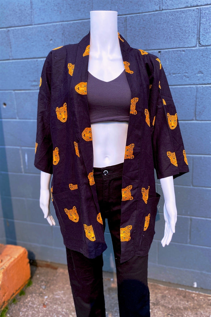 Modern Kimono Cardigan | Leopard - 3/4 sleeves, black, Boho, cardigan, clothing, comfy, ethnic, fun, graphic pattern, jacket, Kimono, leopard, new, new clothing, PATTERN, soft - Wander Emporium