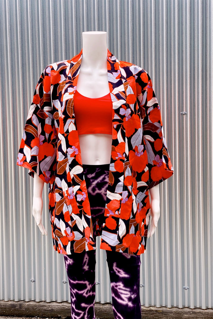 Modern Kimono Cardigan | Leaves + Flowers - 3/4 sleeves, Boho, cardigan, clothing, comfy, ethnic, flowers, fun, graphic pattern, jacket, Kimono, leaves, new, new clothing, PATTERN, soft, woven - Wander Emporium